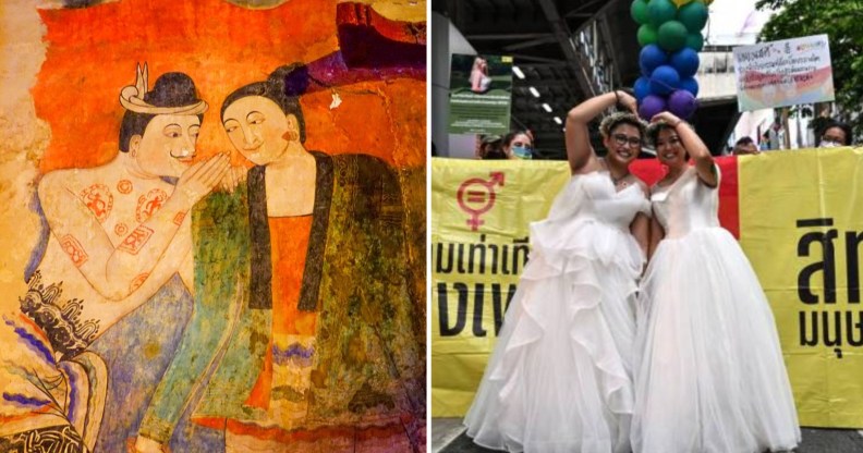 Composite image which shows - on the left, a mural showing two whispering lovers from the temple of Wat Phumin in Thailand, on the right two brides celebrate forward progress in same-sex marriage in Thailand (Wikimedia Commons/Getty)