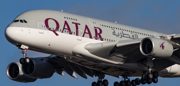 Qatar Airways Airbus A380-800 double decker airplane landing at Heathrow Airport in London, UK. The aircraft was delivered in April 2018 and is an Airbus A380-800 with registration A7-APJ and for GP7200 engines. Qatar Airways has 10 Airbus A380 in their fleet and connects daily Doha to London. Qatar is a member of Oneworld airline alliance. (Photo by Nicolas Economou/NurPhoto)