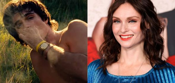 Jacob Elordi in a still from Saltburn (left) and Sophie Ellis-Bextor at the Saltburn premiere.