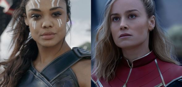 Stills from The Marvels featuring Tessa Thompson as Valkyrie and Brie Larson as Captain Marvel.