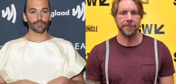 Side by side photos of Queer Eye star Jonathan Van Ness wearing a white outfit and Dax Shepard wearing a red shirt with grey stripes