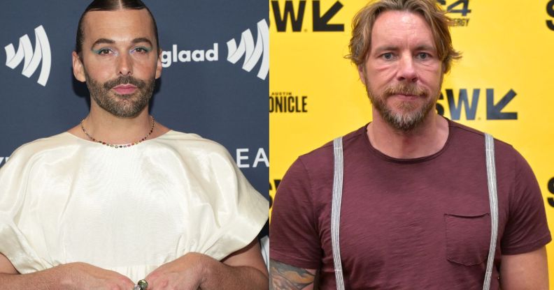 Side by side photos of Queer Eye star Jonathan Van Ness wearing a white outfit and Dax Shepard wearing a red shirt with grey stripes