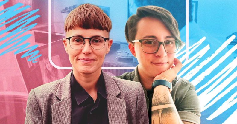 A graphic composed of images of trans and non-binary people with a picture of screens in the background with the colours of the trans pride flag