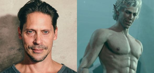 A split image, on the left is Neil Newbon, wearing a grey t-shirt and smiling, looking directly at the camera. On the right is a screenshot of Astarion from Baldur's Gate 3. He is shirtless and looking down at something.