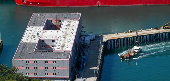 The Bibby Stockholm immigration barge in Portland Port