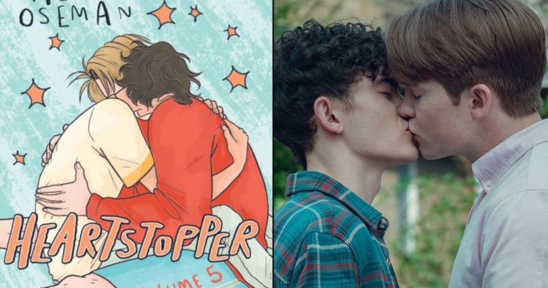 The front cover of Alice Oseman's Heartstopper volume five (left) and Nick and Charlie, played by Kit Connor and Joe Locke, kissing in Heartstopper series on Netflix.