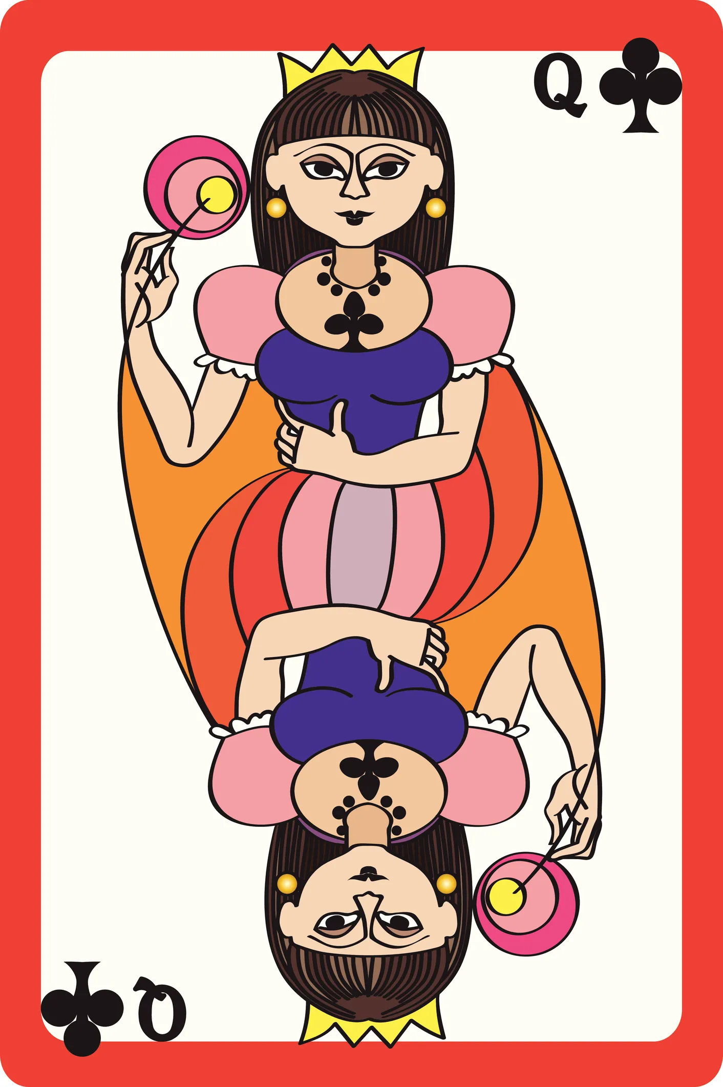 Scale hand drawn illustration of a playing card representing the queen of clubs, an element of a pack